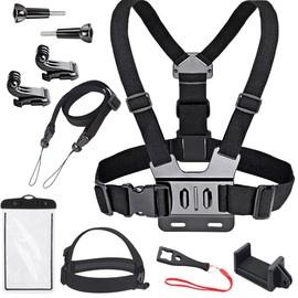 Phone Chest Mount Harness Kit with Head Strap – Adjustable Hands-Free Filming Holder with Phone Clip, J-Hooks and Waterproof Pouch – Ideal for Sports, Biking and Vlogging (Black)