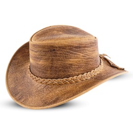 HADZAM Elephant Skin Themed Australian Style Leather Cowboy hat Shapeable into Outback hat for Men & Women (US, Alpha, Large, TAAN Brown)