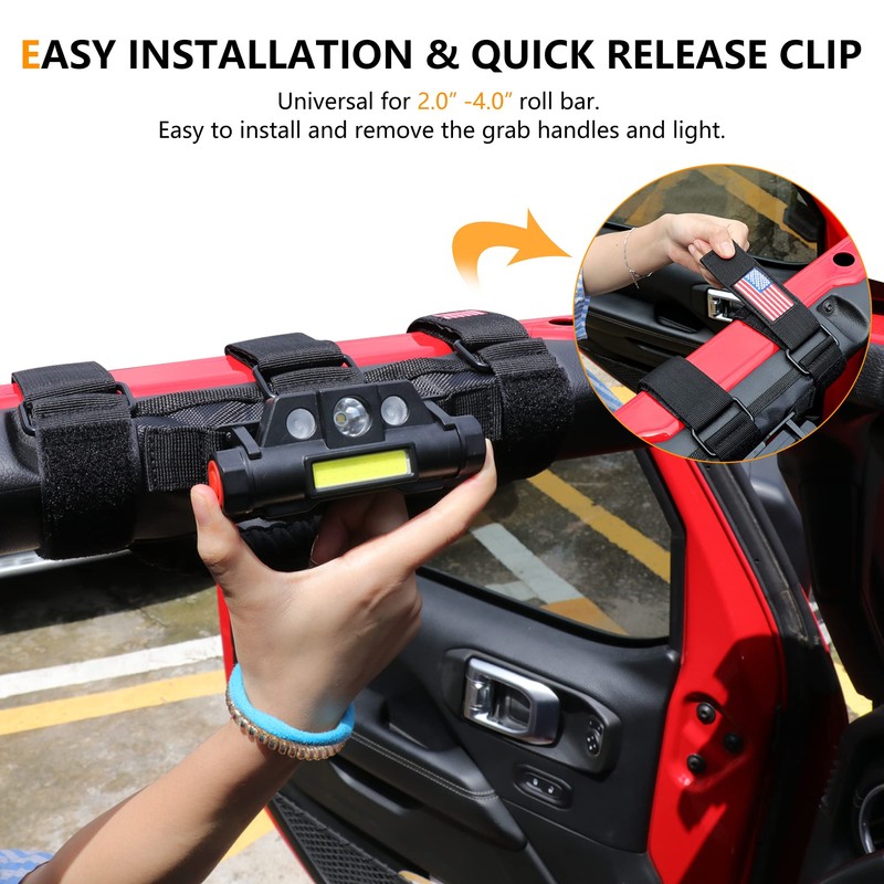 RERPRO Roll Bar Grab Handles with Dome Light for Jeep