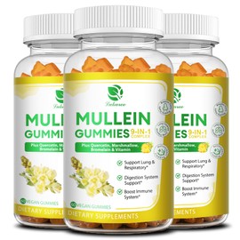 (3 Pack) 9 in 1 Mullein Gummies for Lung Cleanse & Detox, Extra Strength Mullein Leaf Extract w/Quercetin, Bromelain, Elderberry & Marshmallow for Respiratory, Immune & Digestive, Vegan,180 Count