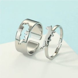 Chereda 2PCS Matching Cute Animals Promise Engagement Rings for Couples Men Women Jewelry Band Sets 316L Stainless Steel Adjustable Open Ring (Fox-s, Adjustable)