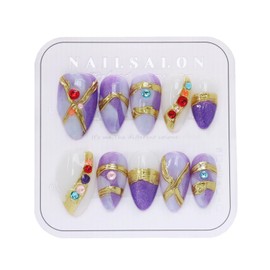 CAMILCY Press on Nails Handmade Nails Luxury Reusable Fake Nails For Girls Short Almond Armor Purple Gold Diamonds HandPainted Salon Loveful Design Acrylic GelUV Finished For Women 3DNails 10PCS S