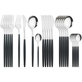 Juego de Cubiertos de 24 Piezas, Cubiertos de Acero Inoxidable para 6 Personas Incluye Cuchillos, Tenedores y Cucharas, Set de Cubiertos para Cocina, Restaurante,Aptas para Lavavajillas(Plata y Negro)