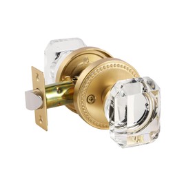 SORWDUERM Gold Door Knobs Glass Door Knob Brushed Gold Passage Door Knobs Square Crystal Satin Brass Interior Door Knob for Hall and Closet 1 Pack