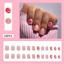 24Pcs Short Press on Nails Square Pink French Tip Nails Fake/False Nails with Cute Flower Smiley Fruit Press ons Designs Acrylic Press on Nails Artificial Nails Stick on Nails For Women Girls