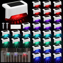Geelin 32 Pcs Solar Deck Lights Outdoor, Waterproof LED Solar Step Fence Lights for Stairs, Step, Railing, Patio, Driveway, Garden, Pathway and Yard(White Shell Multicolor Light)