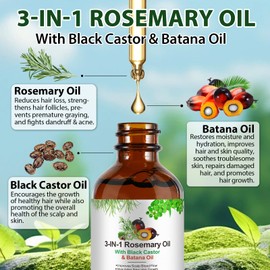 3in1 Hair Growth Oil (Rosemary & Black Castor & Batana Oil) Natural Organic hair Oil - Pure Cold Pressed Hair Treatment Oil for Hair Skin Massage Oil - Eyelashes, Eyebrows Regrowth
