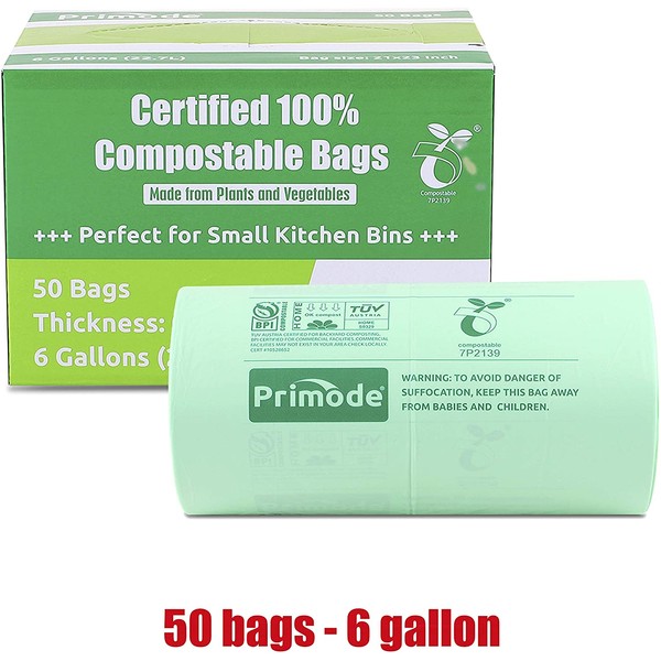 Primode 100% Compostable Bags 6 Gallon Food Scraps Yard Waste Bags, 50 Count, Extra Thick 0.87 Mil. ASTMD6400 Compost Bags Small Kitchen Trash Bags, Certified By BPI And TUV