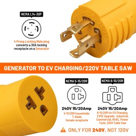 MECMO 30 Amp to 20 Amp 240V Generator Distribution Adapter NEMA L14-30P to 5-15/20R or 6-15/20R, 30A 4-Prong Locking Generator L14-30P to 5-15R 5-20R 6-15R 6-20R for EV Charging, HVAC, Industrial