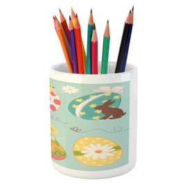 Ambesonne Easter Pencil Pen Holder, Easter Eggs with Flowers Zigzags Lines and Polka Dots Pattern Colorful Arrangement, Printed Ceramic Pencil Pen Holder for Desk Office Accessory, Multicolor