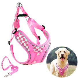 Dog Harness with Leash Set, No Pull Reflective Strips Adjustable with Breathable Padded Vest Harness for Large Dogs Training and Running (Pink, L)