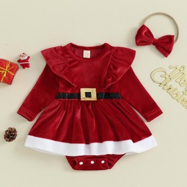 Gaono Baby Girl Christmas Romper Dress Red Velvet Long Sleeve Ruffle Jumpsuit Boho Bodysuit With Skirt Fall Winter Clothes (H-Red, 0-3 Months)