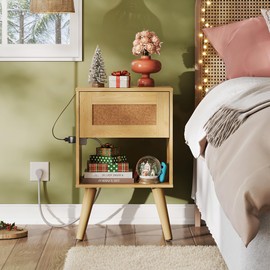 WLIVE Rattan Nightstand with Charging Station, Boho Night Stand, Small Bedroom Side Table, End Table with Drawer and Storage, Wood Bedside Tables for Bedroom, Small Spaces, Natural Oak