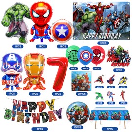 82 Pieces Superheroes 7 Years Birthday Decoration Set Aveger, Superheroes 7 Year Party Decoration Supplies, Aveger Decoration Birthday Children, Superhero Tableware Plates Table Cloth Napkins