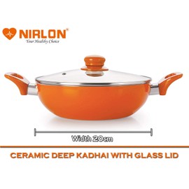 NIRLON Non-Stick Induction Ceramic Casserole and Kadhai with Glass Lid - Set of 2 (Orange)
