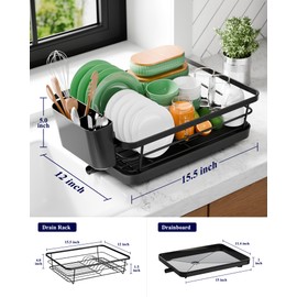 Kitsure Dish Drying Rack - Compact Dish Rack with Utensil Holder & Adjustable Water Outlet, Rust-Proof & Scratch-Resistant Drying Rack for Kitchen, 15.5" x 12.0" x 5.0", Black