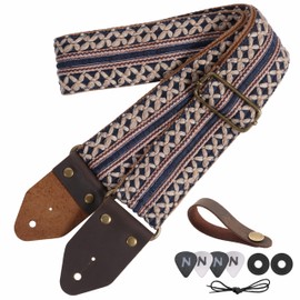 Nefelibata Guitar Strap,Jacquard Embroidery Cotton Guitar Straps with Crazy Horse Leather Ends for Bass, Electric & Acoustic, Best Gifts for Kids, Guitarists(Blue Gold Embroidery)