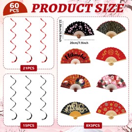 Hibachi Birthday Party Decoration 60PCS Japanese Paper Folding Fan Hanging Swirls Set Chinese Asian Inspired Dragon Spiral Paper Supplies Ceiling Decor for Baby Shower Wedding Wall Indoor Outdoor