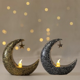 Mini Ramadan Eid Lantern for Centerpiece, 3.94In Moon Shape LED Hanging Lamp for Home Eid Ramadan Table Decorations (Silver Bronze)