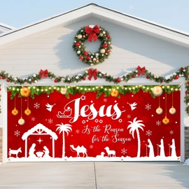 Ratoyal Red Jesus Christmas Garage Door Decorations, 16X7ft Garage Door Banner Backdrop Holy Nativity Religion Christmas Holidays Mural Background for Indoor Outdoor House Patio Décor Party Supplies
