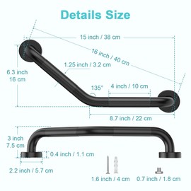 16 Inch Angled Grab Bar 2 Pack, ZUEXT Anti Slip Black Shower Grab Bar Handles, Stainless Steel Knurled Bathroom Balance Bar, Safety Hand Rail Support,Handicap Elderly Injury Senior Assist Bath Handle