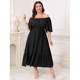 CICIDUDU Plus Size Formal Wedding Guest Dress for Curvy Women Square Neck Flutter Sleeve Empire Waist Flowy Maxi Dresses Black
