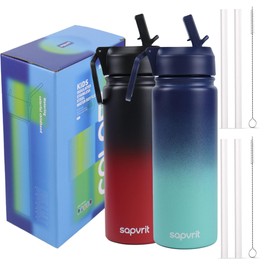 Water Bottle, 16 oz Water Bottles with Straw and Stickers, Stainless Steel Vacuum Double Wall Insulated cup,Water Bottle for School, Gifts for Girls(16OZ BLACK RED+16OZ BLUE GREEN)