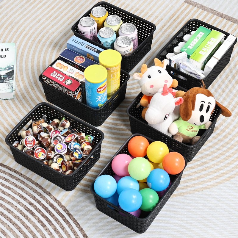 Pekky 6 Pack Plastic Weave Storage Basket, Black Small Organizer