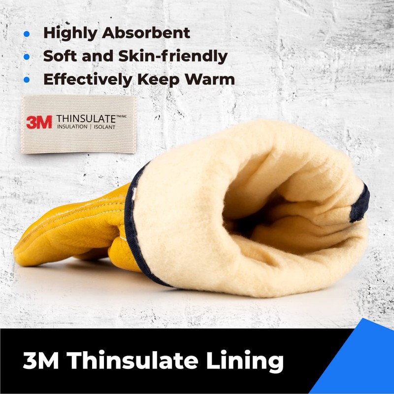 Winter Leather Work Gloves, Warm Thinsulate Lining for Cold Weather