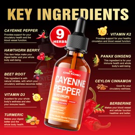 Cayenne Pepper Liquid Drops, Organic Cayenne Pepper Extract with Hawthorn Berry, Beetroot, Turmeric, Vitamin K2 & D3 Supplement for Immune Support, Circulation & Overall Wellness, Gluten Free, 2 Fl Oz