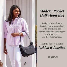 Baggallini Women's Modern Pocket Half Moon 11 x 10.5 Inch Shoulder for Women W/Replaceable Straps Converts to Crossbody Bag Modern Crescent Bag, Midnight Blossom Print