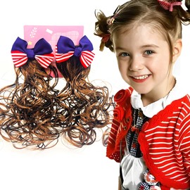 2 PCS Hair Extension for Girls Kids Ponytail Extension with Hair Clips Cute Hairpin Wig Braid for Baby Toddlers Little Girls Curly Brown Synthetic Hairpieces Ponytails Accessories (Flag Bow)