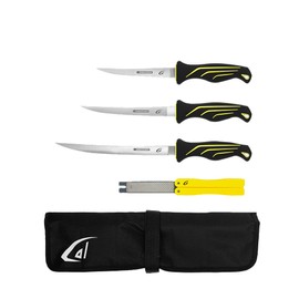 danco 3PC Fillet Knife Kit, 6",7",9" with Roll Bag & Folding Sharpener, Fish Fillet and Deboning Knives, Freshwater/Saltwater Fishing, Non-Slip Handle, Durable Roll Bag, Stainless Steel Blades