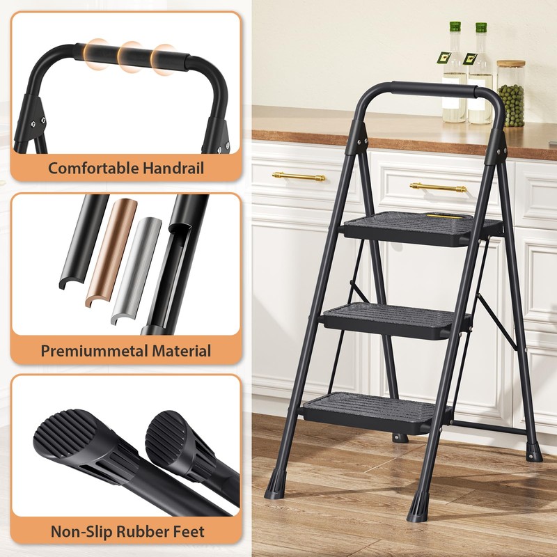 TOOLF 3 Step Ladder, Sturdy Steel Step Stool with Anti-Slip