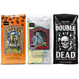 Raven's Brew Ground Coffee Variety Pack - 3 Delicious Flavors - Three Peckered Billy Goat, Deadman's Reach and Double Dead - 12oz each
