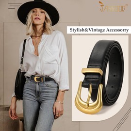 JASGOOD Women's Western Belt Vintage Black Leather Waist Belt for Pants Jeans with Vintage Fashion Gold Buckle,Black