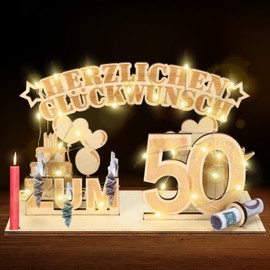 Geldgeschenke 50 Geburtstag,50.Geschenke Dekoration mit LED Lichterkette,Geschenke aus Holz zum 50 Geburtstag Mann Frau，Geldgeschenke Geburtstag Holz für Jungen und Mädchen