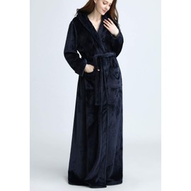 Flygo Women's Long Robe with Hood Soft Warm Full Length Sleepwear Luxurious Plush Fleece Winter Ladies Robes (Large, Navy)