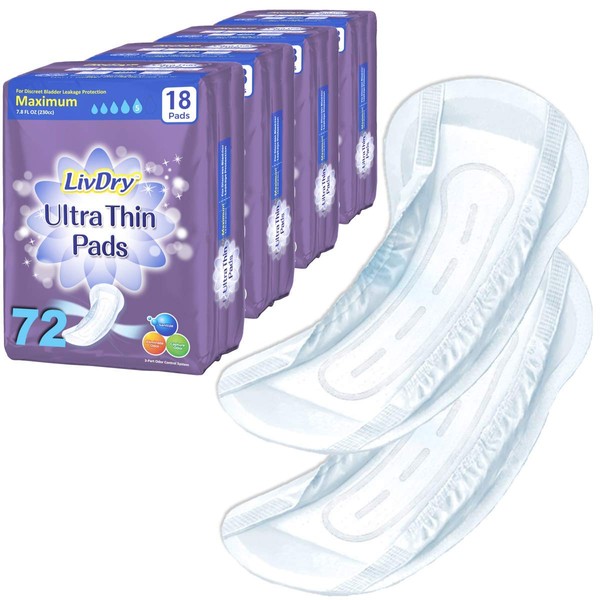 LivDry Incontinence Ultra Thin Pads for Women | Leak Protection and Odor Control | Extra Absorbent (Maximum 72-Count)