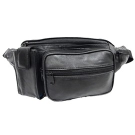 5 Zipper Pockets Deluxe Genuine Leather Waist Bag Fanny Pack w/Water Bottle Holder -BLACK
