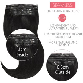 Loxxy Seamless Clip in Hair Extensions 16Inch 130G 7Pcs Jet Black Remy Hair Extensions Clip in Human Hair Invisible PU Skin Weft Natural Real Human Hair Extensions Silky Straight