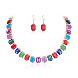 Ever Faith Sparkly Square Rhinestone Crystal Choker Necklace with Stud Earrings Wedding Party Multicolor Statement Jewelry Sets for Women