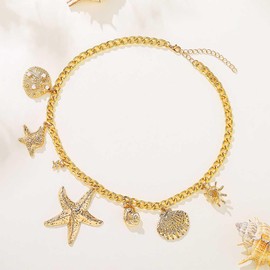 Sinalty Gold Beach Necklace Boho Plated Charm Necklace Dainty Simple Shell Starfish Necklace for Women, one size, Alloy Steel, No Gemstone
