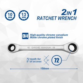DAKCOS 2 in 1 Ratchet Wrench 10 x 13 mm Double Ratchet Ring Spanner Made of CR-V with Matt Chrome Surface