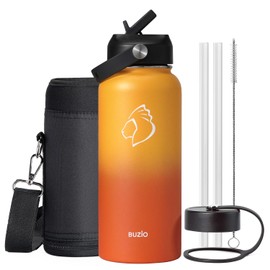 BUZIO 32 oz Water Bottle, (Cold for 48 Hrs) Insulated Stainless Steel Water Flask with Straw Lid & Carrying Sleeve, Wide Mouth Leak Proof & BPA-Free 1/4 Gallon Thermo Canteen, Yellow Orange