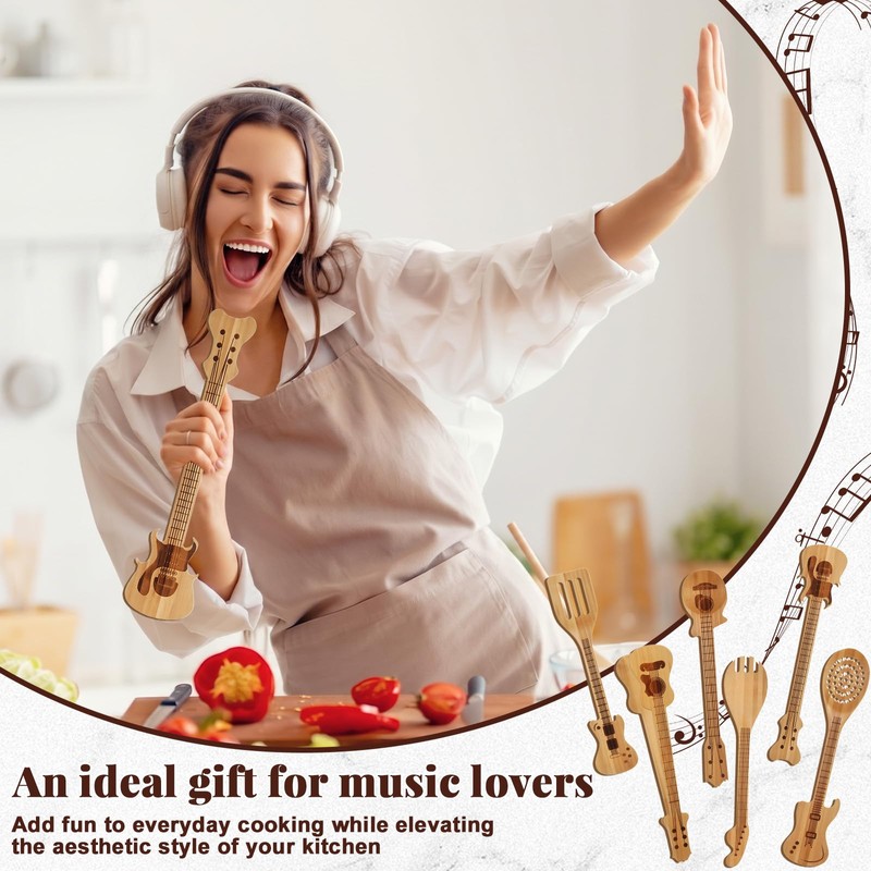 Wiooffen 6 Pcs Guitar Shaped Cooking Utensils Set Guitar Bamboo