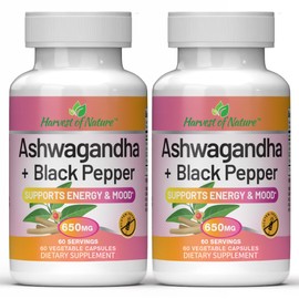 Basic Brands Harvest of Nature Ashwagandha and Black Pepper - Cortisol Reducer, Great for Relaxation, Focus, Mood Support - 60 Capsules - 2-Pack