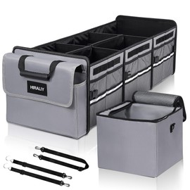 HIRALIY 4 in 1 Car Trunk Storage Organizer with Leakproof Cooler Bag, Multi-Compartment Foldable Trunk Storage Box for Car Truck SUV Gray
