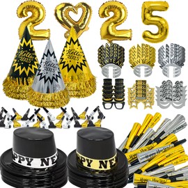 New Years Eve Party Supplies 2025 - New Yeas Decorations 2025 Pack for 45 Guests, Comes with 12 New Years Hats, 9 Top Hats, 12 New Years Tiara, 12 New Years Glasses, 24 Noiese Makers and 2025 Balloons