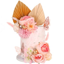 22 decoraciones bohemias para tartas, flores, hojas de palma, flores sintéticas, bolas de mariposa, decoración de invierno, baby shower, boda, cumpleaños, día festivo, suministros para fiestas (rosa)